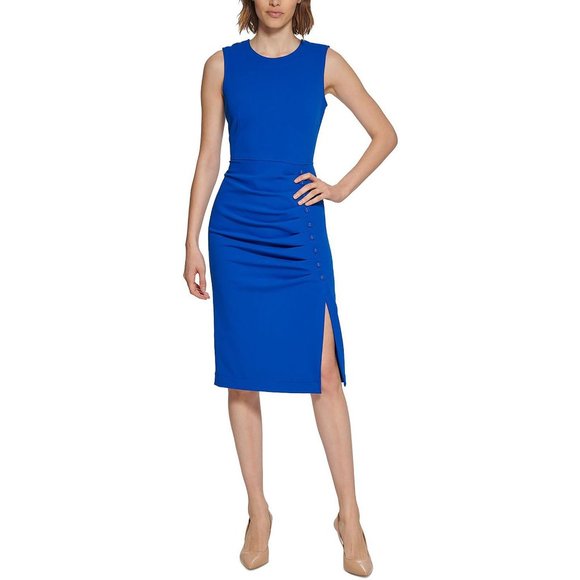 NWT $134 CALVIN KLEIN Women 12 Button-Trim Pleated Sheath Stretch Midi Dress - Picture 6 of 7